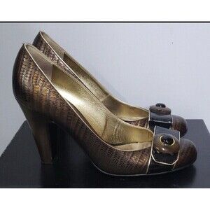 Giuseppe Zanotti Brown Embossed Leather Round Toe VICINI Pumps Heels Size 37.5